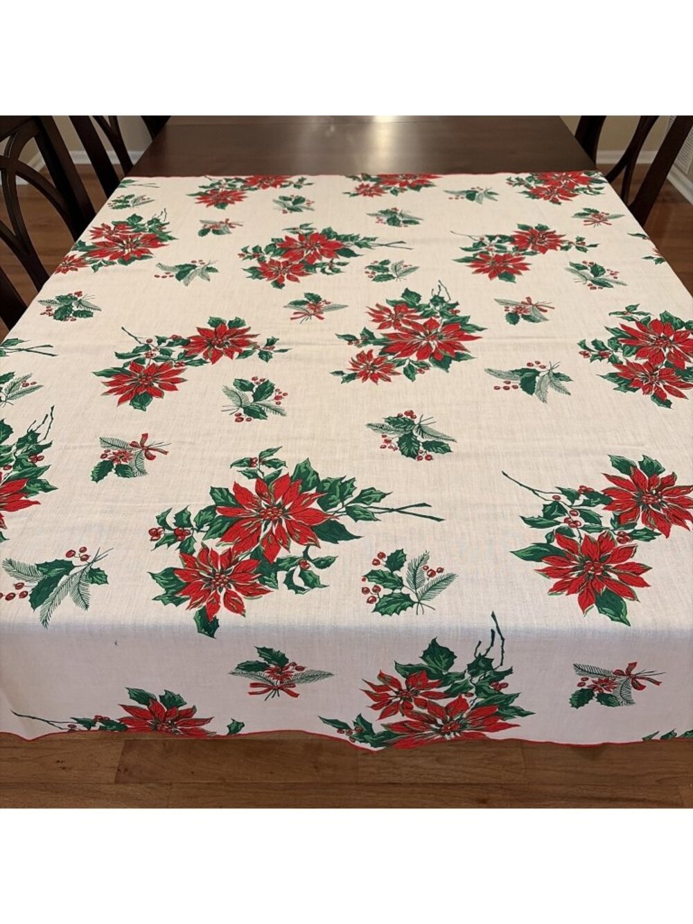 Vintage Holiday Tablecloth 50X50" Square Colorful Christmas Poinsettias Flowers